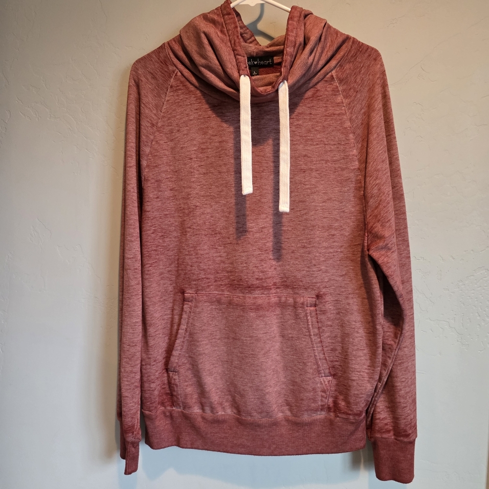 Women's Distressed Heather Red Funnel Neck Pullover with Drawstrings, Large